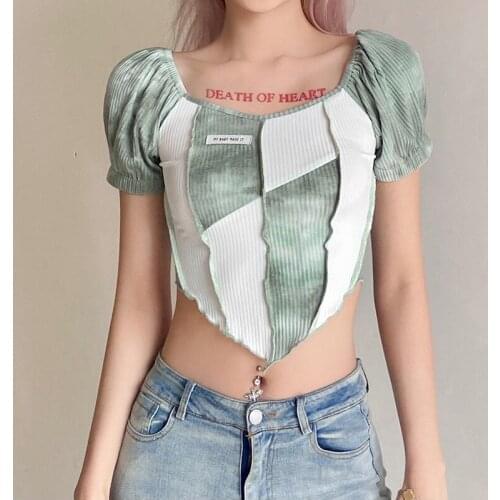 Spring and summer new style womens slim navel fashion tie-dyed irregular short sleeves t-shirt