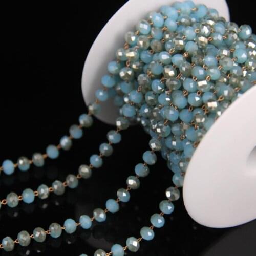 4x6mm Faceted Rondelle Beads Glass Rosary Chain,Sky Blue&Silver Gray Glass Link Brass Wire Wrapped Chain,Necklace Jewelry Crafts