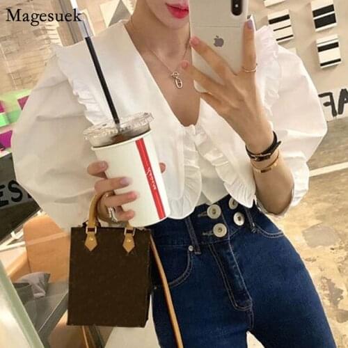 Korean Sweet Peter Pan Collar Ruffled White Shirt Women Loose Puff Short Sleeve Blouses And Shirts New Fashion Tops Blusas 14253
