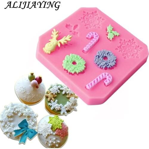 1Pcs Sugarcraft Christmas Snowflake wreath Christmas deer Silicone mold fondant mold cake decorating tools chocolate mold D0585