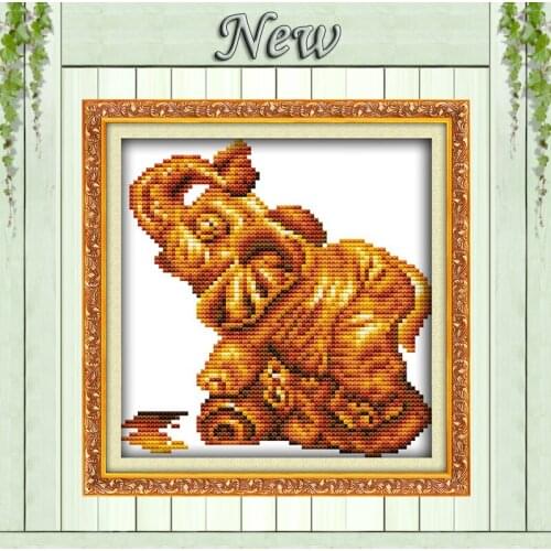Elephant Gold statuette decor Counted Print on canvas DMC 11CT 14CT Cross Stitch Sets embroidery Needlework kits painting mascot