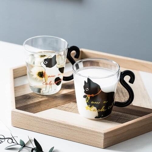 Coffee Milk Tea Glass Water Cup Cartoon Creative Cute Cat Mug Red Wine Beer Champagne Glasses Kids Bottle Reusable