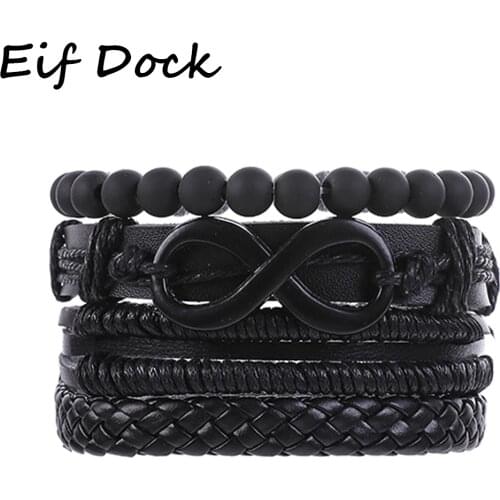 Eif Dock Vintage Black Bead Bracelets For Men Fashion Hollow Infinity Leather Bracelet & Bangles Multilayer Wide Wrap Jewelry
