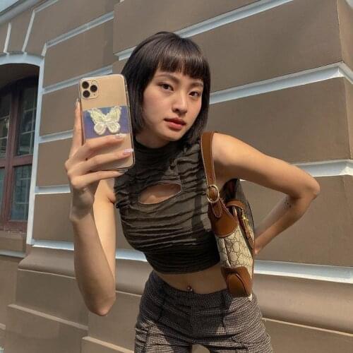 Y2K Harajuku Gothic Sexy Slim Black Tank Tops Women Streetwear Pleated Hollow Out Aesthetic Sleeveless Summer Vintage Crop Tops