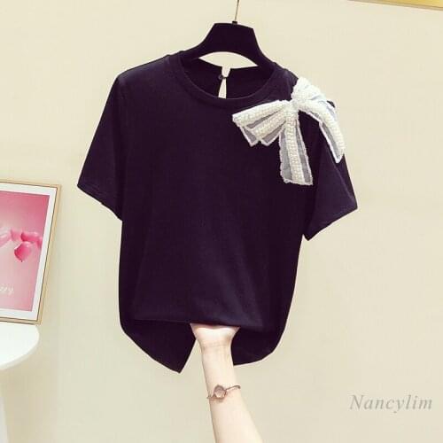 Pearl Beaded Black T Shirt Women 2021 Summer New Fashion Shoulder Bowknot Stitching Round Neck Short Sleeved T-shirts Female Top