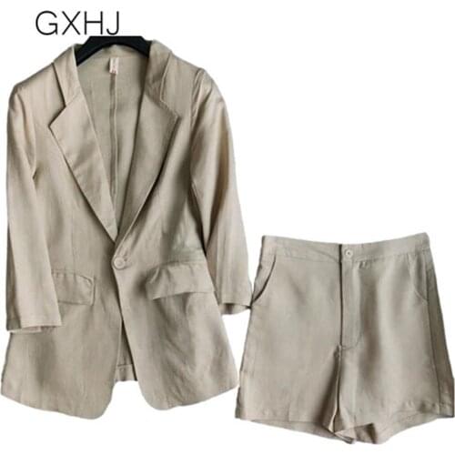 Women Lin suit Blazer Sets Coat + Shorts 2021 New Spring summer Women Vintage Pants Suits Chic Button Solid Blazer Jacket Coat