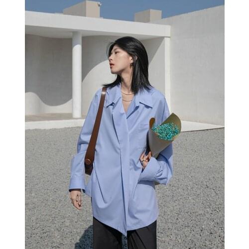 Girls Casual Za Lazy White Blue Loose Shirt WomenS Fashion Long Sleeve Single Breasted Design Sense Turn-Down Collar Blouse