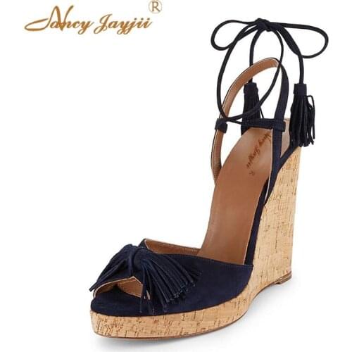 Women Sandals Female Shoes Wedge Flock Lace-Up Ankle-Wrap Fringe Super High Wedges heel Butterfly-Knot Classics Nancyjayjii 2019