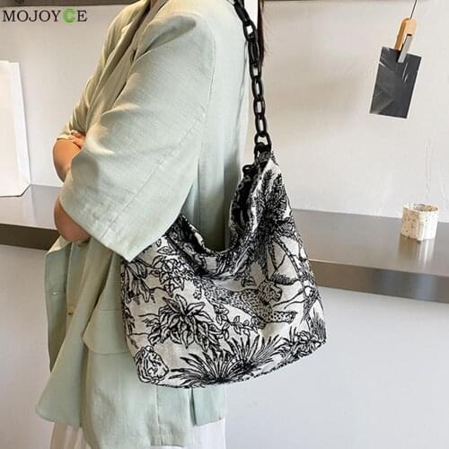 Retro Women Canvas Large Shoulder Crossbody Bag Embroidery Flower Chain Handbags Women Tote Casual Shopping Handbags