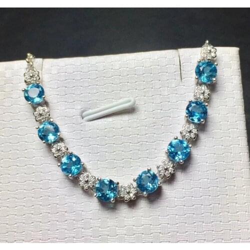 Natural blue topaz gem Bracelet Natural gemstone Bracelet S925 silver bracelet Female Fashion round Lovely Plum party Jewelery