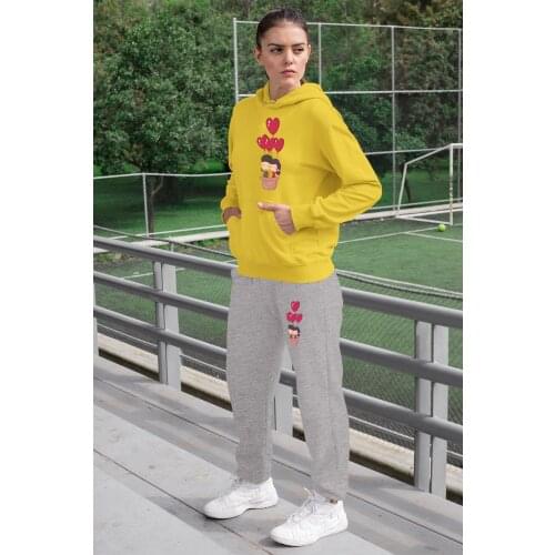 Angemiel Wear Love In the Balloon Flying Lovers Women 'S Tracksuit Set Yellow Hooded Sweatshirts Gray Sweatpants