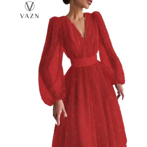 VAZN 2021 Spring High-end Dot Chiffon Holiday Sweet Deep V-Neck Full Puff Sleeve High Waist Womens Ball Gown Maxi Dress