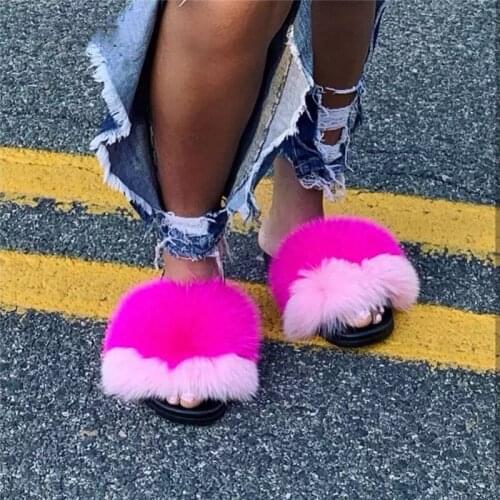 2021 Summer Womens Fluffy Colorful Fur Slippers Female Furry Slides Girls Real Fox Fur Sandals Ladies Flip Flops Luxury Shoes