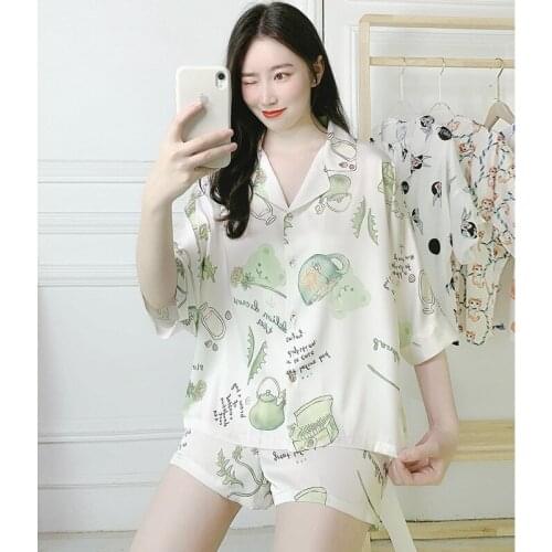 2021 New Summer Silk Satin Pajamas Female Summer Short Sleeve Cartoon Tracksuit Two-Piece Suit Shorts Pijama Print Pijama Mujer