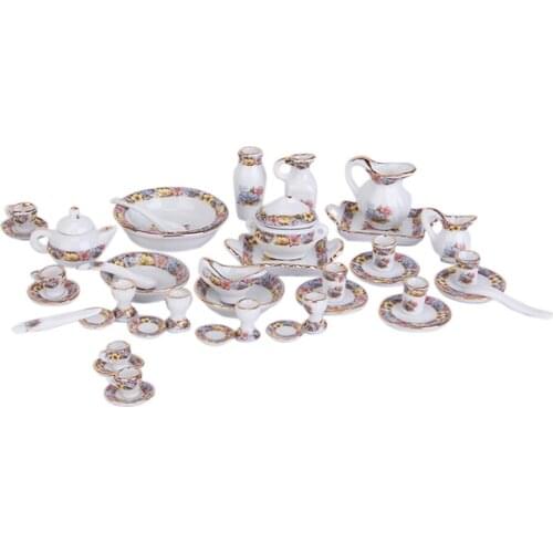 40 Pcs Dining Ware Porcelain Tea Set Dish Cup Plate Flowers Dollhouse Miniature for 1/12 Miniature Dollhouse Accessories