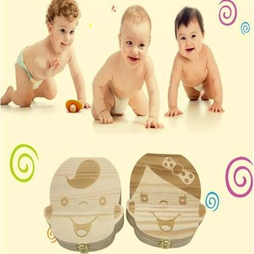English Baby Fallen Tooth Box Wood Box FrenchText Baby Boy Girl Wood Case Save Milk Teeth Collection Organizer New Sale