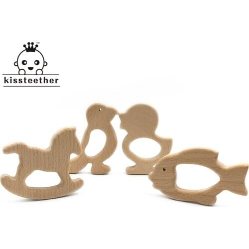 Beech Wooden Goldfish-Trojan Horse-Duck-Woodpecker Natural Handmade Wooden Teether DIY Wood Personalized Pendent Baby TeetherToy