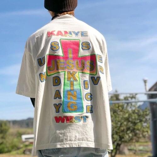 SEVEYFAN Kanye Cross Printed T-Shirt Men Hip Hop Loose Short Sleeve Cotton Tees