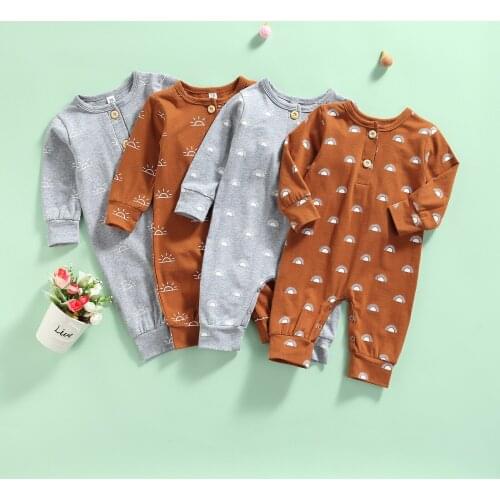 2021 0-18M Infant Baby Boy Girl Jumpsuit Cartoon Sun Print Long Sleeve O Neck Button Cotton Clothes Spring Fall Casual Romper