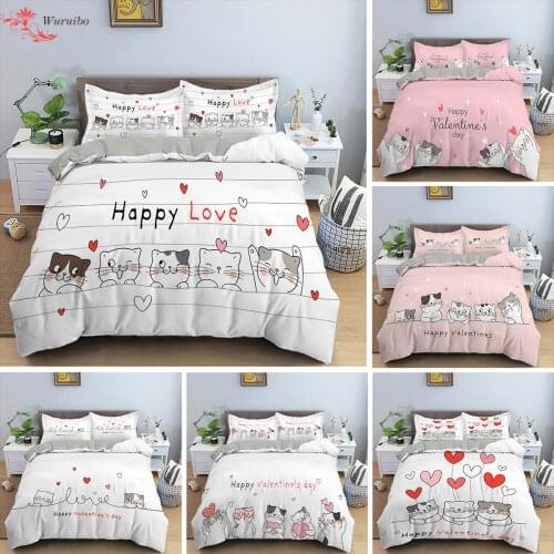 Valentines Day Lovely Kitten Bedding Set Cute Pet Cat Duvet Cover Set For Lover King Double Size Animal Quilts Home Bed Clothes