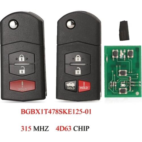 Kutery 5PCS/Lot Folding Remote Smart Car Key For Mazda 3 5 6 CX-7 CX-9 MX-5 Miata 3/4Buttons 4D63Chip 315MHZ BGBX1T478SKE125-01