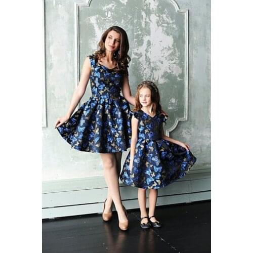 Summer Cotton Polyester Ruffle Sleeveless Butterfly Printed Dress Mother and Daughter Matching Clothing V-neck A-line Skirt NO36