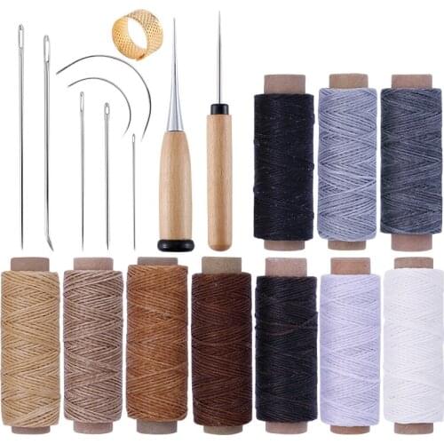 LMDZ 20 Pcs Leather Craft Sewing Kit with Needle Leather Waxed Thread Piercing Cone and Thimble for Leather Repair Sewing Tools