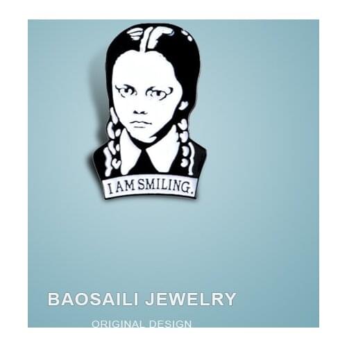 Wednesday Addams I Am Smiling Girl Brooch Ornaments Pins Metal For Backpack Hat Badge Clothes Accessories