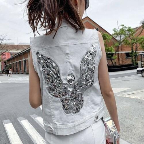 Fashion Sequin Embroidery Slim Vest Women Korean Fashion Frayed Denim Sleeveless Jacket Short Casual Waistcoat Female S-3XL
