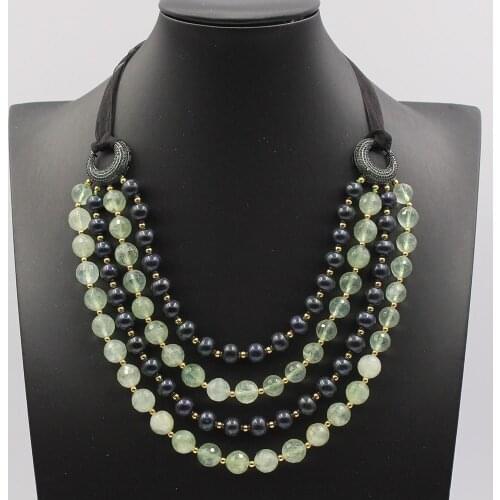 GG Jewelry Natural Black Pearl Green Round Faceted Prehnite Real Stone Necklace Green CZ Connector Handmade For Women