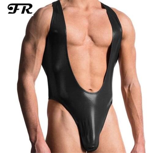 FR Mens Faux Leather Sexy Chest Vest,Mens Black Nightclub BodySuit Underwear