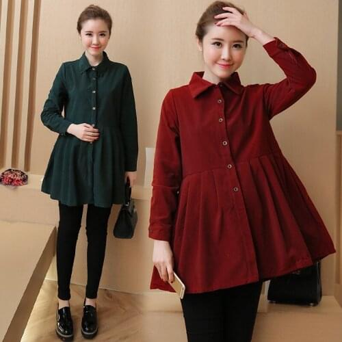 Pleated Waist Button Corduroy Maternity Blouses 2020 Autumn Korean Fashion Pregnancy Tunic Tops Clothes For Pregnant Women