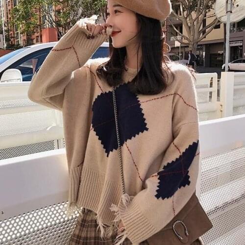 Korean style women loose diamond print o neck long sleeve pullover 2020 winter sweater women