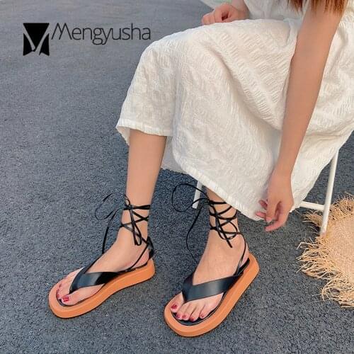 Mixed color clip toe creepers roman sandals women cross-tied platform sandalias vintage square toe beach height increasing shoes