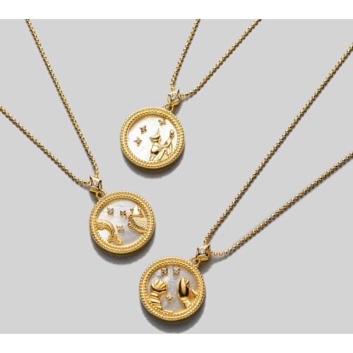 S925 Sterling silver Shell Horoscope constellation Libra Disc Coin Necklace Fritillary/Blue Sandstone Zodiac Pendant tlx745