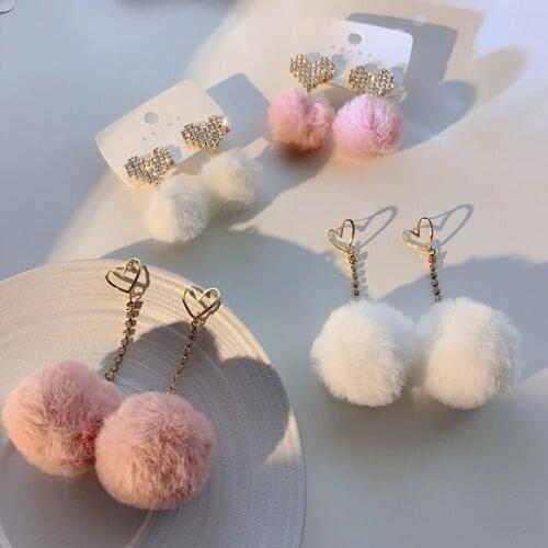 Besimpol 2021 Winter New Furry Ball Earrings Pink White Color 925 Silver Stud Earrings For Women Gentle Korean Style Ear Jewelry