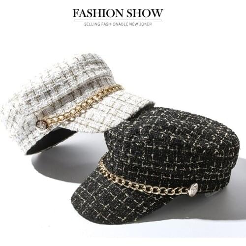 Military Hat Autumn Winter Wool Sailor Hat for Women Black Flat Top Female Travel Cadet Hat Captain Cap Chain Beret Women Hat