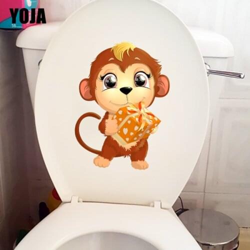 YOJA 16.3×22.5CM Monkey With Gift Funny Home Wall Decoration Personality Bathroom Toilet Sticker T1-2726