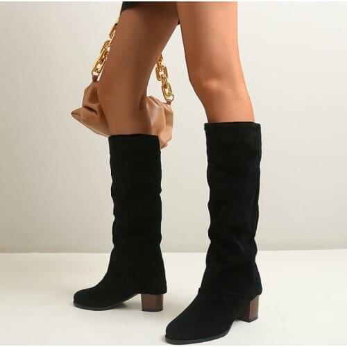 2021 Fashion High Heels Long Boots Women Round Toe Ladies Knee High Boots Shoes Woman Winter Faux Suede Black White Boots 34-43