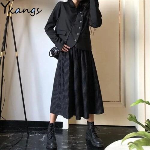 Gothic 2pcs set Black irregular single-breasted small suit +Striped HIgh Waist long pleated skirt women elegant autumn vintage