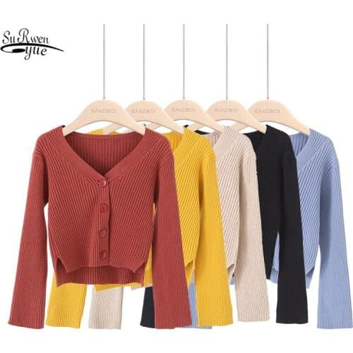 Pull Femme 2020 Korean Style V-neck Long Sleeve Short Sweater Women New Womens Knitwear Early Autumn Cardigan Feminine 11036