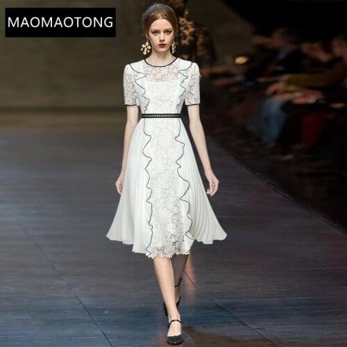 Runway Summer Womens Elegant White Lace Dress Short Sleeve Hollow Out Ruffles Ladies Party Pleated Dress