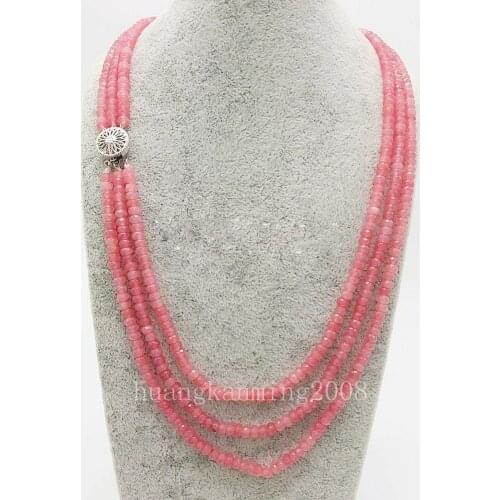 Womens 3Rows 2x4mm Natural Pink Jade Faceted Gems Beads Necklace 18-20'' AAA