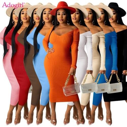 Adogirl Women Solid Knitted Midi Dress Autumn Winter Sexy V Neck Off Shoulder Long Sleeve Slim Bodycon Casual Dresses Rib Robe
