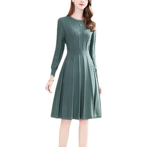 Fashion Elegant O-Neck High Waist A-Line Women Dress Thread All-Match Knitted Dresses Autumn Winter Pleated Slim Sweater Dress