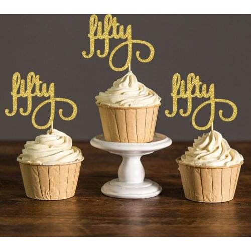 Gold/Silver/Black Glitter Script Fifty Cupcake Toppers Picks,50th Birthday Party Favors Decorations,Fifty Birthday Supplies
