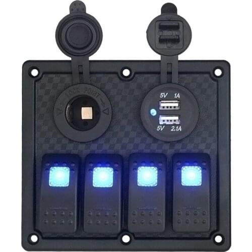 1-24V universally LED 4 Gang Rocker Switch Panel Power Socket Dual USB Wiring Kits and Decal Sticker Labels for Marine Boat Car