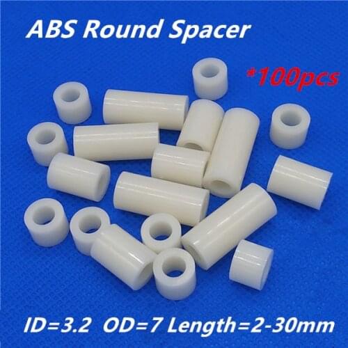 100pcs M3 White Nylon ABS Round Hollow Non-Threaded Standoff Spacer PCB Board Screw Bolt Long Washer ID=3.2 OD=7