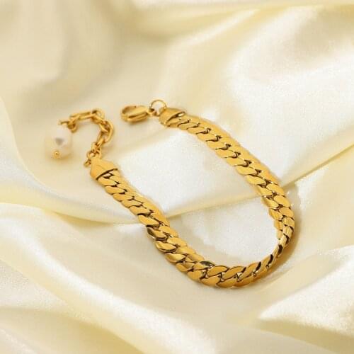 18K Gold Plated Stainless Steel High Polished Double Layer Flat Snake Chain Bracelet For Women Freshwater Pearl Bracelet Jewelry
