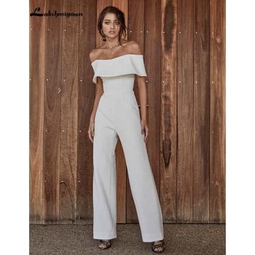 2020 Simple Satin Wedding Dresses Jumpsuits Off The Shoulder Custom Made Beach Wedding Dress Ankle Length Bohemian Bridal Gowns